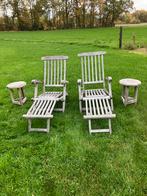 Teak Ligstoelen (2x) met Tafeltjes - Wegens Verhuizing!, Ophalen, Gebruikt, Teakhout, Verstelbaar
