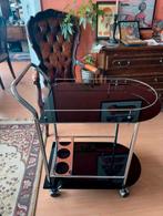 Vintage Glazen & Chroom Serveerwagentje 1970s bauhaus stijl, Ophalen, Glas, Midentury modern, Zo goed als nieuw