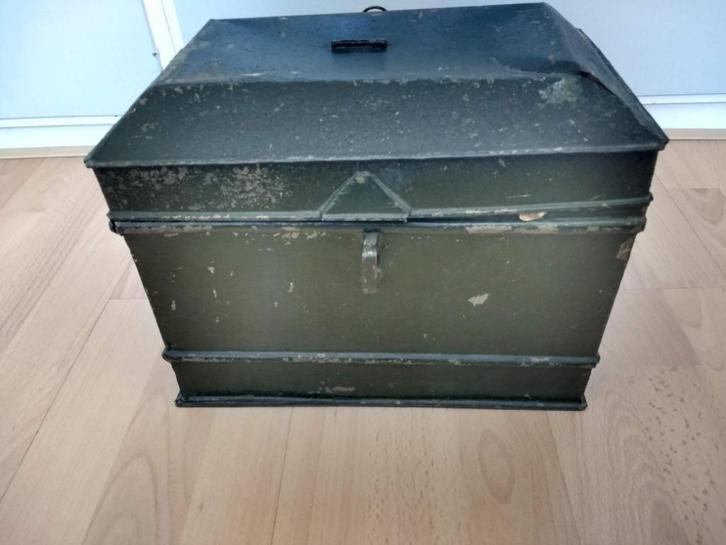 Groot antiek blik donkergroen, trommel uit begin 1900, Verzamelen, Blikken, Gebruikt, Overige, Ophalen of Verzenden