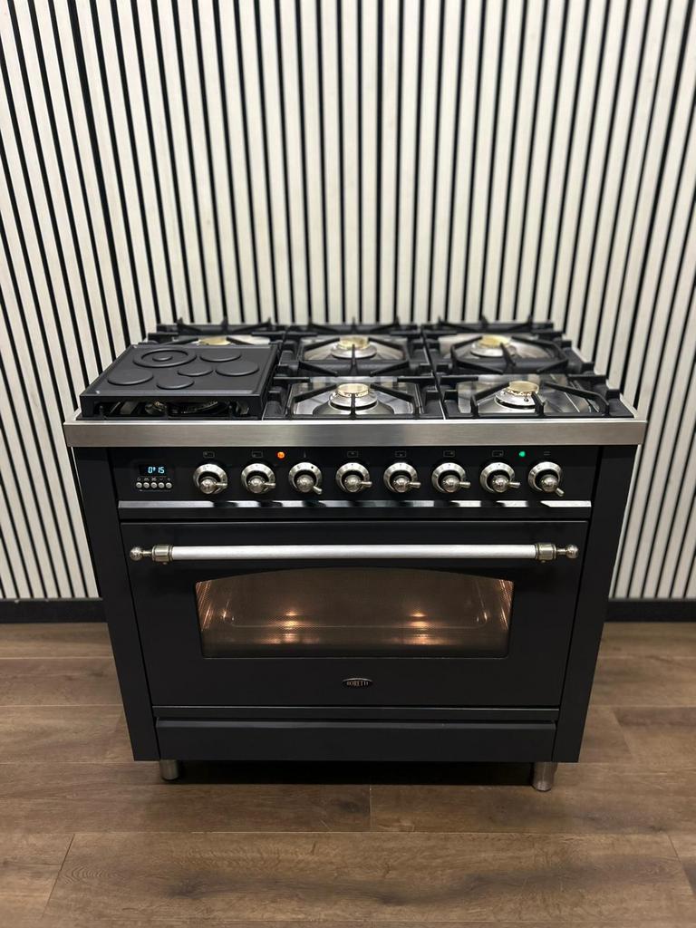 Luxe Boretti Fornuis 6 pits antraciet multifunctioneel 90 cm, Fornello Esperta, Ophalen of Verzenden, Zo goed als nieuw, Energieklasse A of zuiniger