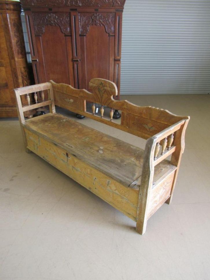 Oer 11582 ANTIEKE grenen zit bank met beschildering, Antiek en Kunst, Antiek | Meubels | Stoelen en Banken, Ophalen