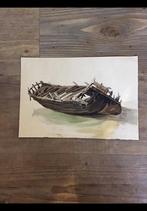 Aquarel van een houten boot, wrak van een boot. John Bunnink, Antiek en Kunst, Ophalen of Verzenden