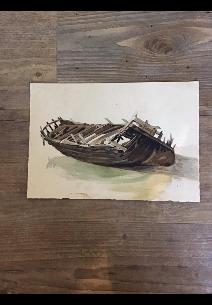 Aquarel van een houten boot, wrak van een boot. John Bunnink, Antiek en Kunst, Kunst | Tekeningen en Foto's, Ophalen of Verzenden