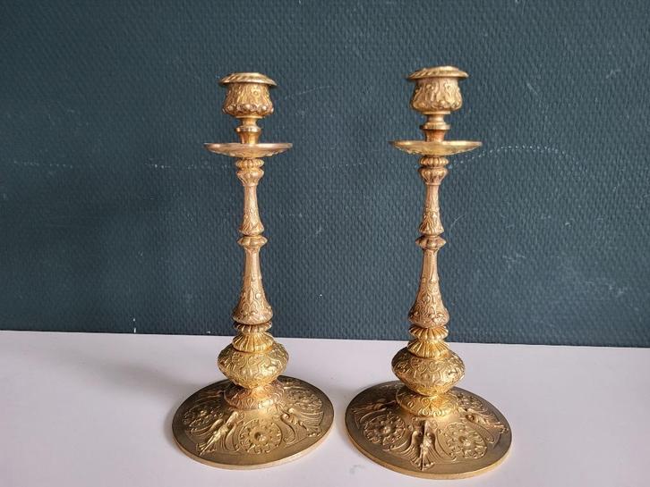 Stel antieke bronzen kandelaars, Antiek en Kunst, Antiek | Kandelaars, Koper of Brons, Ophalen of Verzenden