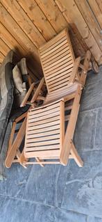 Te koop 2 st. teakhouten, verstelbare ligstoelen met kussens, Ophalen, Zo goed als nieuw, Verstelbaar