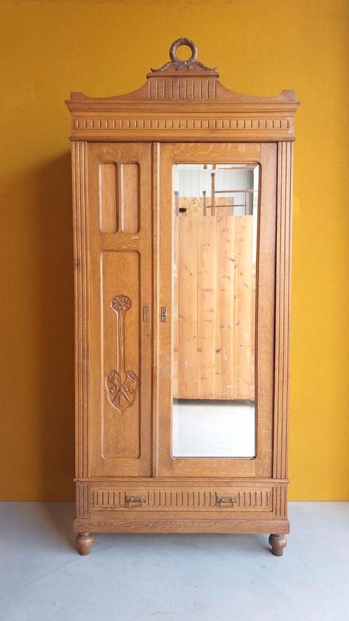Antieke eiken kledingkast met Jugendstil details, demontabel, Huis en Inrichting, Kasten | Kledingkasten, Gebruikt, 200 cm of meer