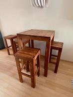 Teakhouten bartafel met 4 krukken, Ophalen, Zo goed als nieuw