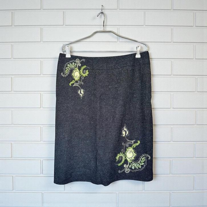 Hauber Rok Maat 42 Grijs Geborduurd Bloemenprint Wol Zijde, Kleding | Dames, Rokken, Zo goed als nieuw, Maat 42/44 (L), Grijs