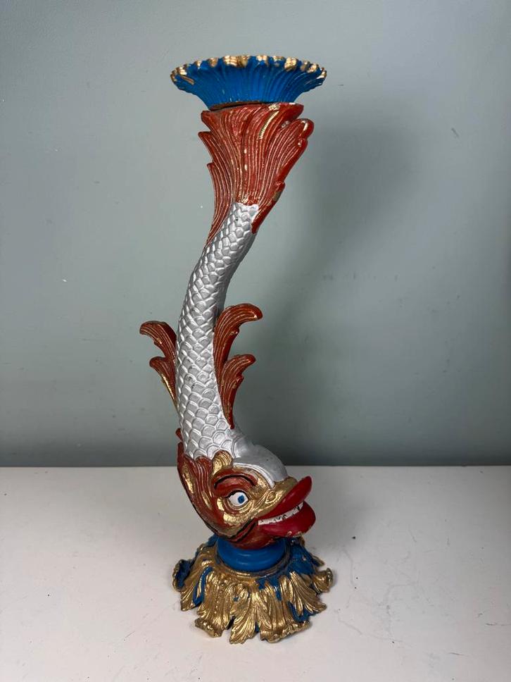 Antieke oude Koi Karper lampenvoet messing handbeschilderd, Antiek en Kunst, Antiek | Kandelaars, Overige materialen, Ophalen of Verzenden