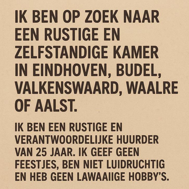 Zelfstandige kamer gezocht in Eindhoven en omgeving, Huizen en Kamers, Op zoek naar een kamer