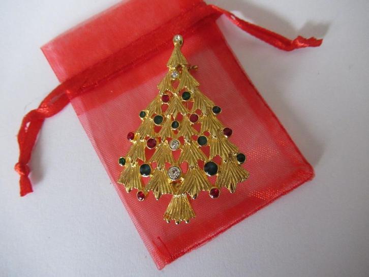 Broche kerstboom/ rood groen emaille en rijnsteentjes, Diversen, Kerst, Zo goed als nieuw, Verzenden