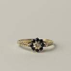 vintage 9 karaat gouden saffier diamant bloem cluster ring, Verzenden, Zo goed als nieuw, 17 tot 18, Dame