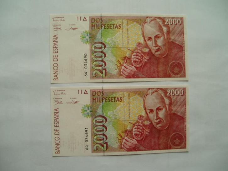 1624. Spanje, 2 X 2.000 pesetas 1992 UNC Mutis., Postzegels en Munten, Bankbiljetten | Europa | Niet-Eurobiljetten, Setje, Overige landen