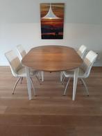 Eiken eetkamertafel met leren stoelen, Ophalen, Gebruikt, 100 tot 150 cm, Eikenhout