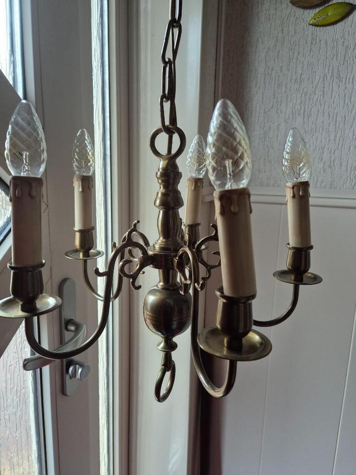 Kroonluchter 5 armen en 2 tafel lampen., Huis en Inrichting, Lampen | Kroonluchters, Zo goed als nieuw, Glas, Metaal, Ophalen of Verzenden