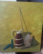 olieverf schilderij stilleven mandfles bezem fles schenkkan., Ophalen