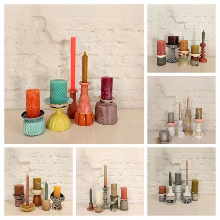 Kandelaars samengesteld van vintage keramiek aardewerk, Huis en Inrichting, Woonaccessoires | Kandelaars en Kaarsen, Zo goed als nieuw