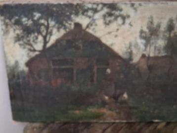 Olieverf boerderijtje met boerin en kippen beschikbaar voor biedingen