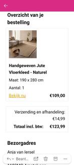 Handgeweven Jute Vloerkleed 190x280, Huis en Inrichting, Stoffering | Tapijten en Kleden, Ophalen, Gebruikt, 150 tot 200 cm, 200 cm of meer