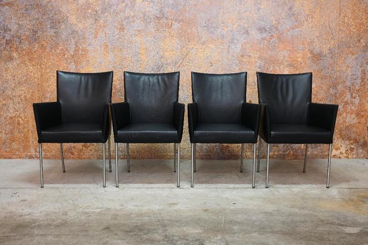4 zwarte leren Bert Plantagie Arc design eetkamerstoelen, Huis en Inrichting, Stoelen, Zo goed als nieuw, Vijf, Zes of meer stoelen