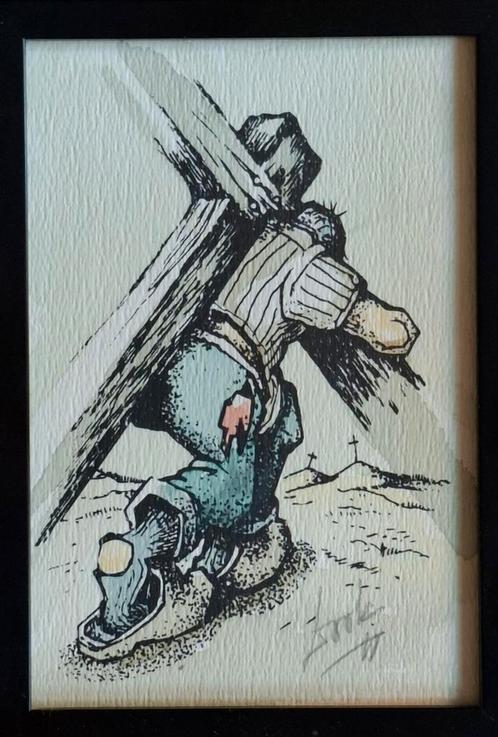 DOOK EVERSE (1937-2019),Kruistocht boer. Aquarel.  12/20 cm., Huis en Inrichting, Woonaccessoires | Schilderijen, Tekeningen en Foto's
