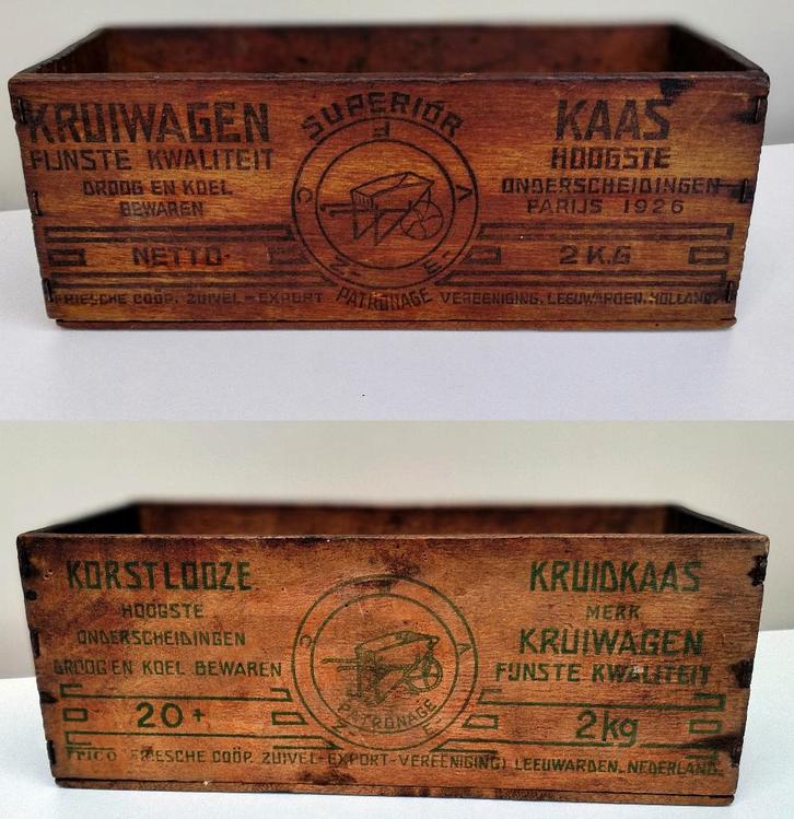 2 Antieke Frico Kruiwagen Kruidkaas Kaas Kist - 1Koop €30,00, Verzamelen, Merken en Reclamevoorwerpen, Gebruikt, Verpakking, Ophalen of Verzenden