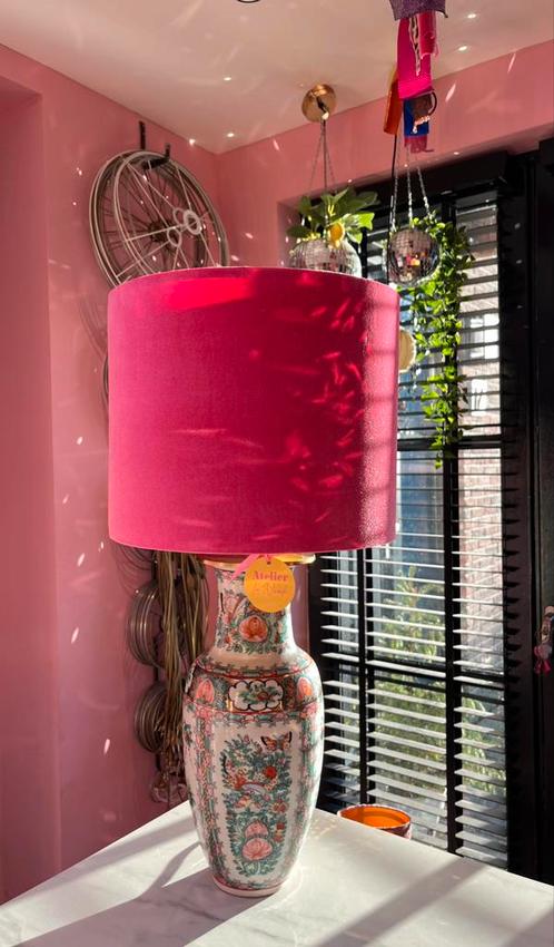 Prachtige Chinese vaaslamp incl. Velours roze lampenkap!, Huis en Inrichting, Lampen | Lampenkappen, Zo goed als nieuw, Minder dan 25 cm