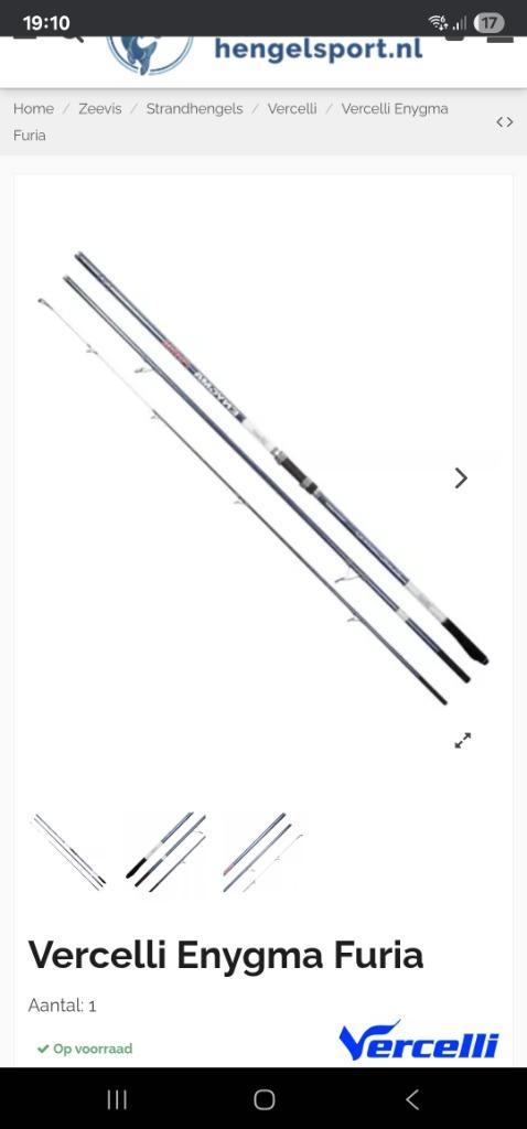 Vercelli enygma furia 500 cm incl. Okuma surf 8k, Watersport en Boten, Hengelsport | Zeevissen, Zo goed als nieuw, Werphengel