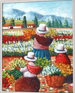Peru, Olie Renzo  3 heuvels 3 vrouwen in bloemenveld 36x41cm, Antiek en Kunst, Ophalen