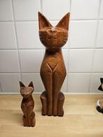 Houten handgesneden kat, houten kattenbeeldje met kind, Ophalen of Verzenden