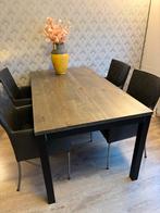 Houten tafel met metalen poten + 4 lederen stoelen, Huis en Inrichting, Tafels | Eettafels, Gebruikt, 100 tot 150 cm, Eikenhout
