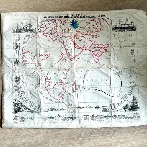 Oud Reis-spel 'Van Nederland naar Batavia en terug' 1875, Hobby en Vrije tijd, Gezelschapsspellen | Bordspellen, Gebruikt, Reisspel