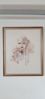 Geborduurd schilderij vrouw met roze en lila bloemen 42 x 51, Schilderij, Ophalen of Verzenden