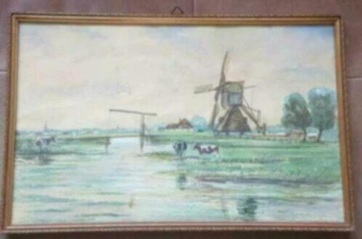 Aquarel polderlandschap molen koeien Jan Tolk, Antiek en Kunst, Kunst | Schilderijen | Klassiek, Ophalen