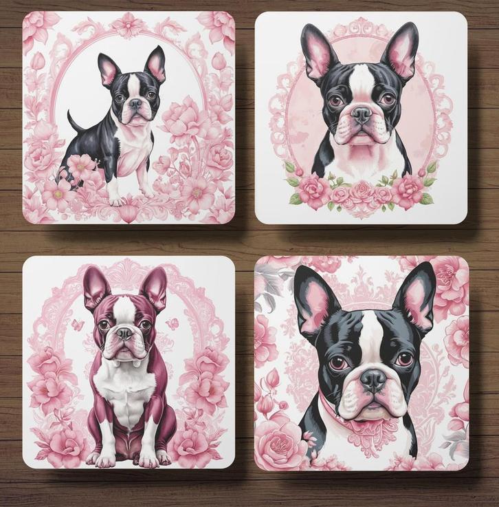 Boston Terriër Delfts Roze onderzetters met houder, Huis en Inrichting, Woonaccessoires | Onderzetters, Nieuw, Glas of Kopje, Ophalen of Verzenden