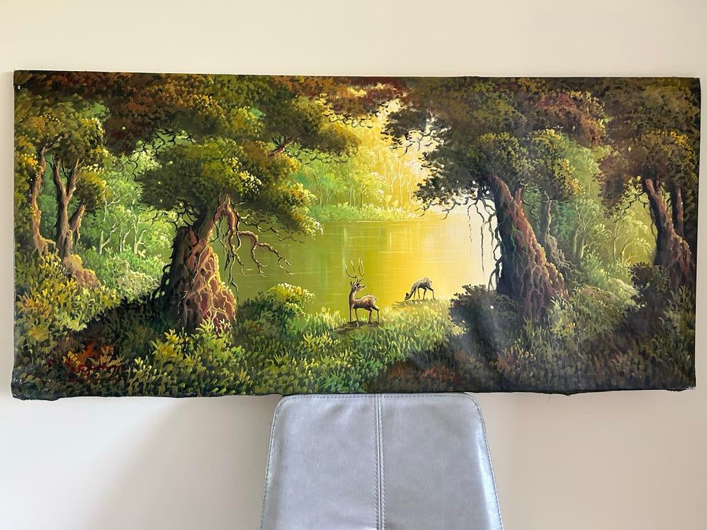 Schilderij met dromerige herten bij een meertje 112x52 cm, Antiek en Kunst, Kunst | Schilderijen | Klassiek, Ophalen of Verzenden