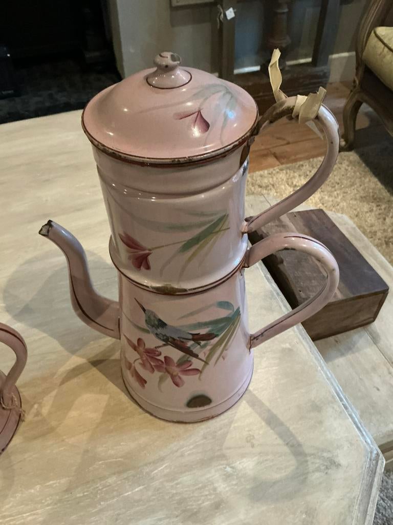 Antieke emaille hoge koffie pot oud roze, Ophalen of Verzenden