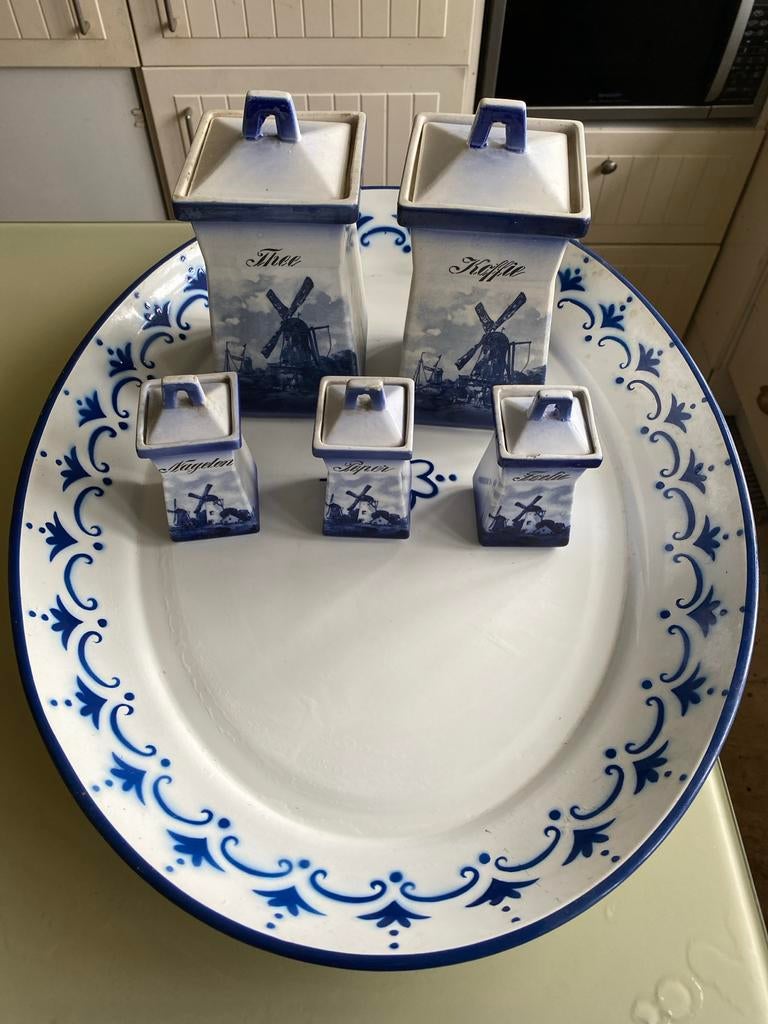Delfts Blauw Koffie, Thee, Suiker en Specerijen Potjes, Ophalen, Gebruikt