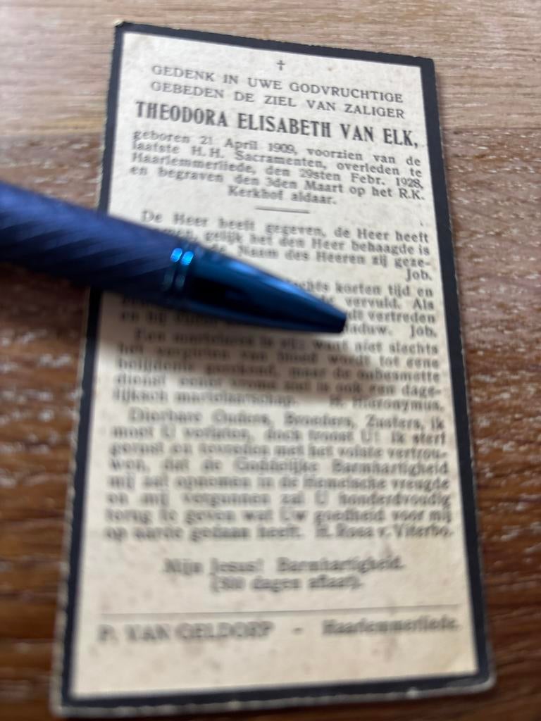 Elk Theodora 1909 1928 Haarlemmerliede - E00058, Ophalen of Verzenden, Bidprentje