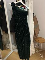 Groene glitter jurk met half shoulder en split, Kleding | Dames, Gelegenheidskleding, Galajurk, Verzenden, Zo goed als nieuw, Maat 36 (S)
