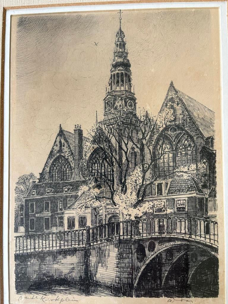 Oude Kerkplein Amsterdam. Pen tekening gesigneerd, Ophalen