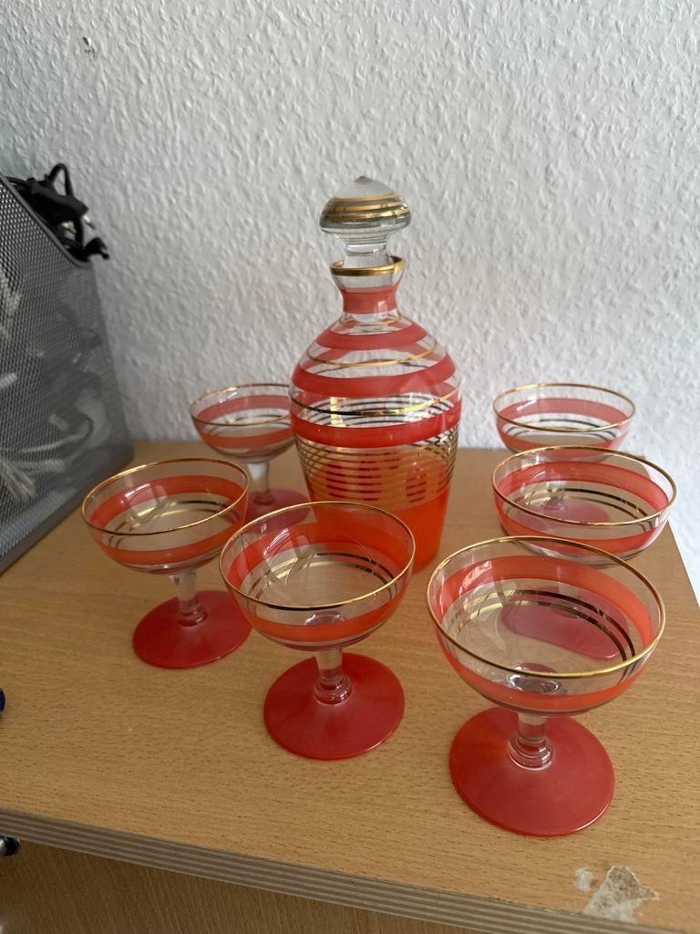 Vintage karaf en glazen set - rood met goud, Ophalen of Verzenden