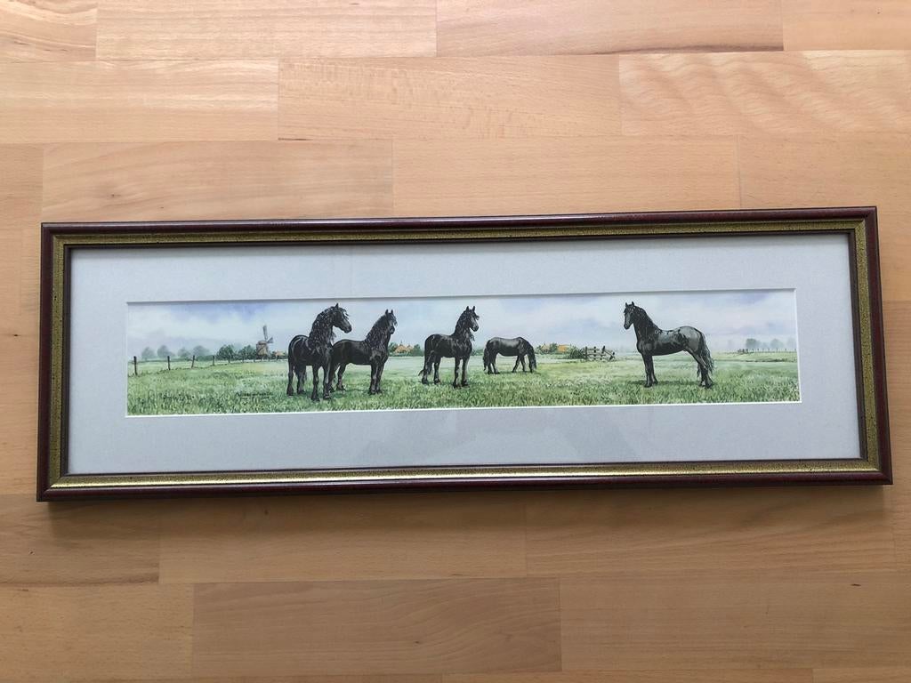Wiebe van der Zee, Friese paarden in de wei, Ingelijst, 70 cm, Overige technieken, Flora en Fauna