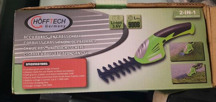 Höfftech accu heggen (buxus)- en grasschaar - Nieuw!, Tuin en Terras, Heggenscharen, Nieuw, Accu, Ophalen of Verzenden