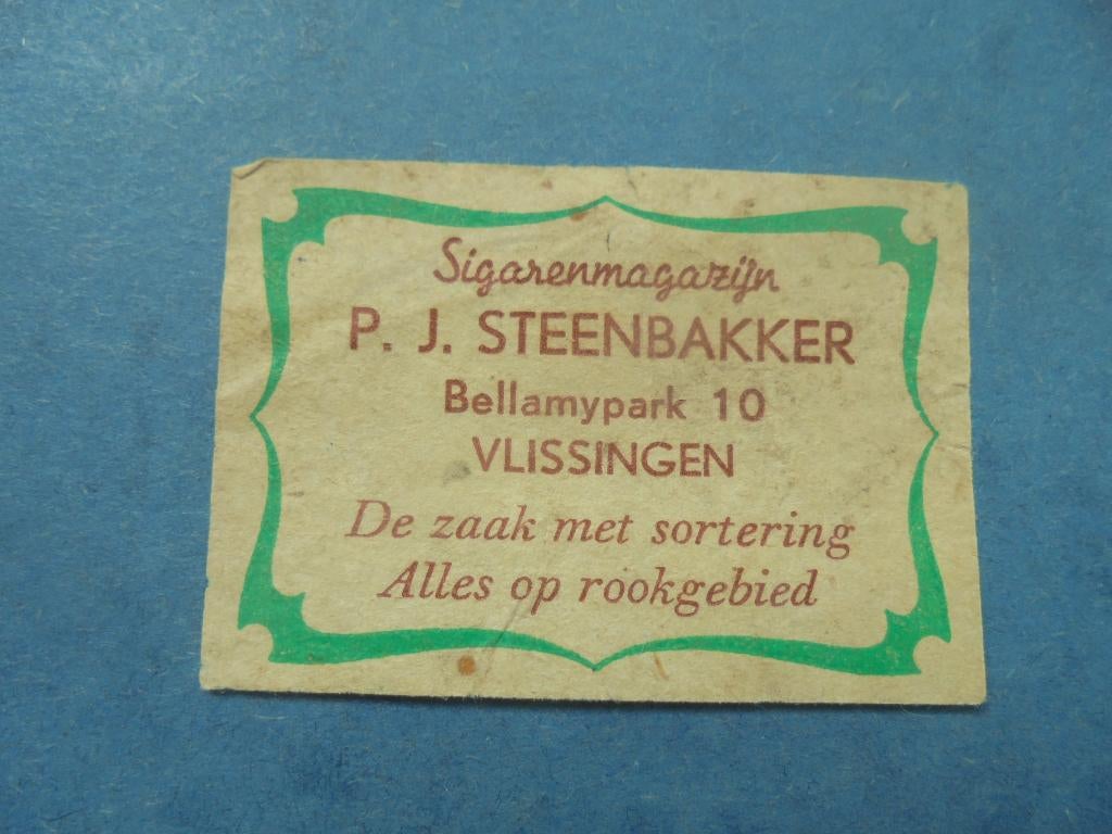 Oud lucifermerk Sigarenmagazijn P. Steenbakker in VLISSINGEN, Ophalen of Verzenden, Zo goed als nieuw, Sigarenbandjes