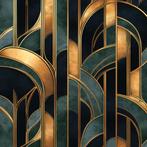 Art Deco behang - Donkergroen met Gouden Patronen, Op maat!, Huis en Inrichting, Stoffering | Behang, Verzenden, Minder dan 10 m²