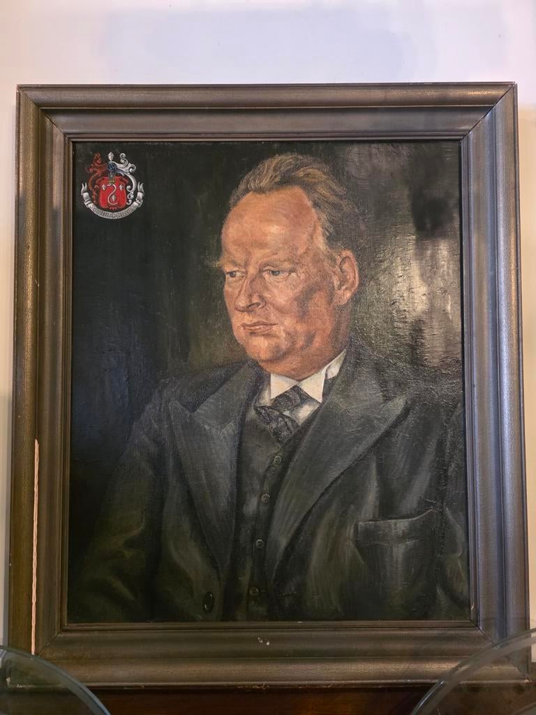 Antiek Herenportret met Familiewapen, Ophalen of Verzenden