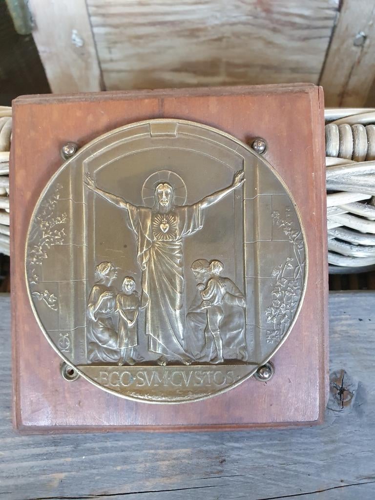 Antiek bronzen reliëf van Jezus met kinderen, Ophalen of Verzenden