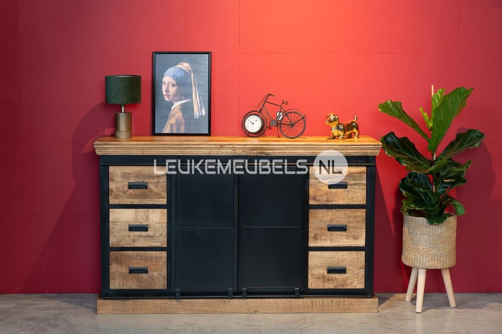 Dressoir Iron Mango black 160 cm breed, Mangohout + staal., Huis en Inrichting, Kasten | Ladekasten, Overige houtsoorten, 5 laden of meer