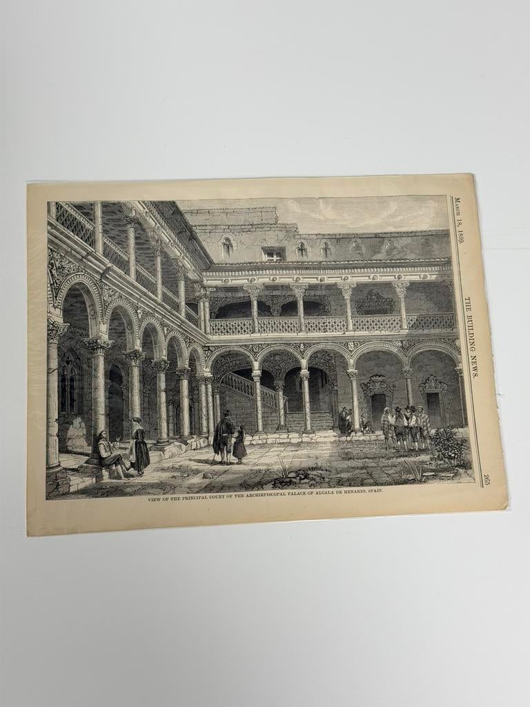 1859 Antieke Foto Prent Spanje Alcala Palace Building 1859, Ophalen of Verzenden, Voor 1940, Zo goed als nieuw, Gebouw